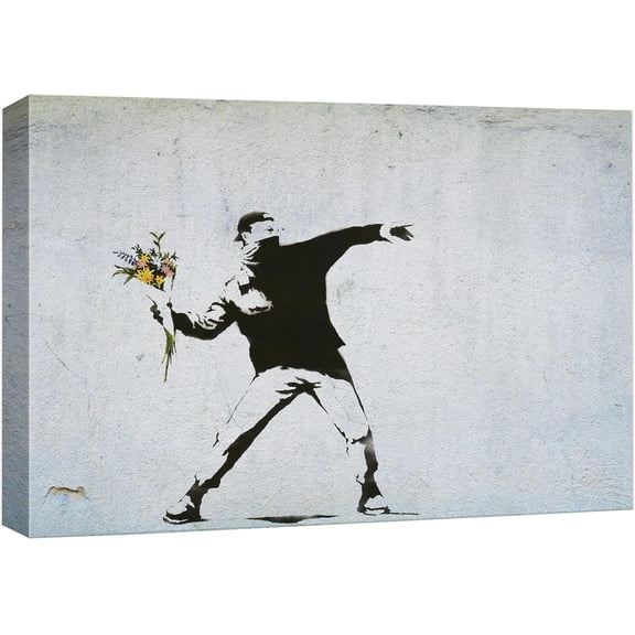 VELVET Canvas Print Wall Art Banksy Man Throws Yellow Flower Bouquet Graffiti & Street Art Pop Culture Illustrations Pop Art Bohemian Dark for Living Room, Bedroom, Office 14x11inch Framed