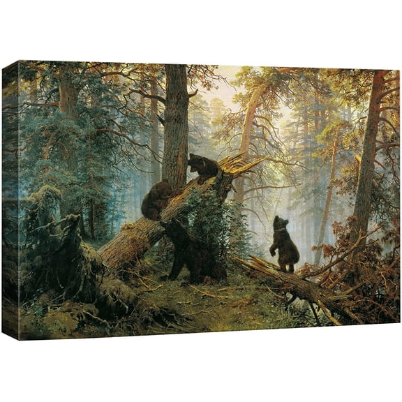 VELVET Canvas Print Wall Art Black Bears The Spring Forest Nature Wilderness Illustrations Modern Art Rustic Scenic Colorful for Living Room, Bedroom, Office 14x11inch Framed