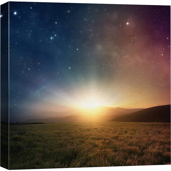 VELVET Canvas Print Wall Art Blue & Orange Galaxy Sky Over Meadow Astronomy & Space Sky Digital Art Modern Art Global Scenic Colorful Multicolor for Living Room, Bedroom, Office 16x12inch Framed