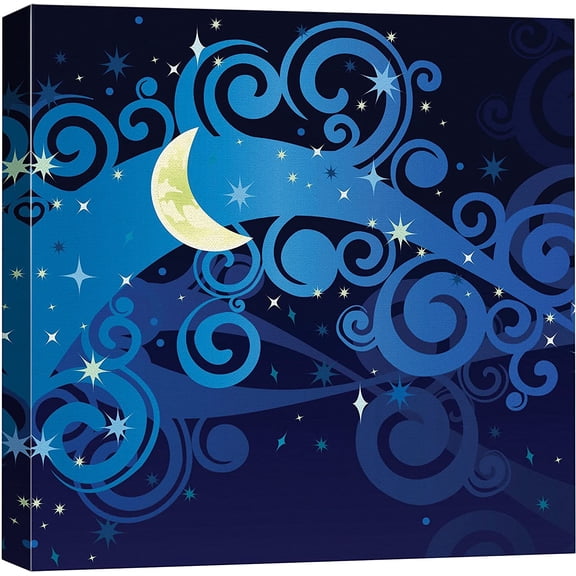 VELVET Canvas Print Wall Art Crescent Moon on Swirling Star Line Art Astronomy & Space Sky Digital Art Modern Art Global Scenic Colorful Multicolor for Living Room, Bedroom, Office 10x8inch Framed