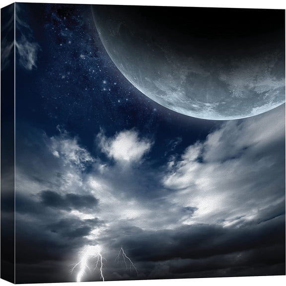 VELVET Canvas Print Wall Art Full Moon in Sky with Lightning Bolt Strike Astronomy & Space Sky Digital Art Modern Art Global Scenic Colorful Multicolor for Living Room Bedroom Office 10x8inch Framed