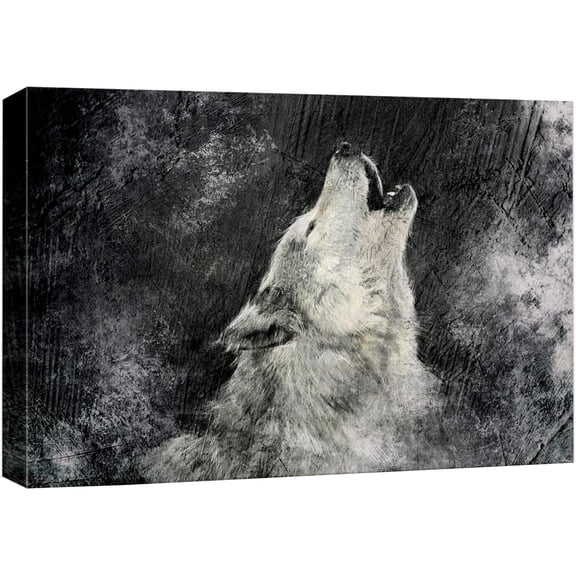 VELVET Canvas Print Wall Art Howling Wolf on Grunge Black Background Animals Wildlife Digital Art Realism Chic Scenic Colorful Nature Wilderness for Living Room, Bedroom, Office - 10x8inch Framed