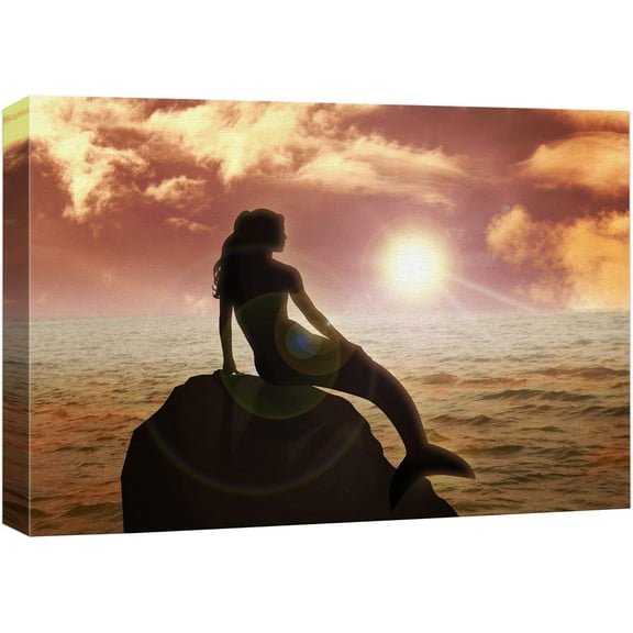 VELVET Canvas Print Wall Art Mermaid on a Rock at Sunset Fantasy & Sci-Fi Ocean Illustrations Modern Art Nautical Scenic Colorful Ultra for Living Room, Bedroom, Office - 14x11inch Framed