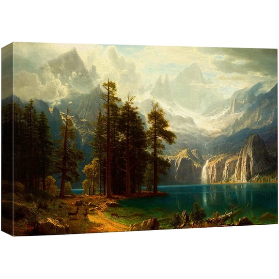 VELVET Canvas Print Wall Art Mystic Forest & Mountain Landscape with Deer Nature Wilderness Illustrations Modern Art Rustic Scenic for Living Room, Bedroom, Office 16x12inch Framed