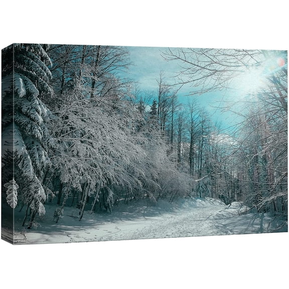 VELVET Canvas Print Wall Art Pine Tree Forest Covered Snow Nature Wilderness Photography Modern Art Rustic Scenic Colorful Multicolor for Living Room, Bedroom, Office 14x11inch Framed