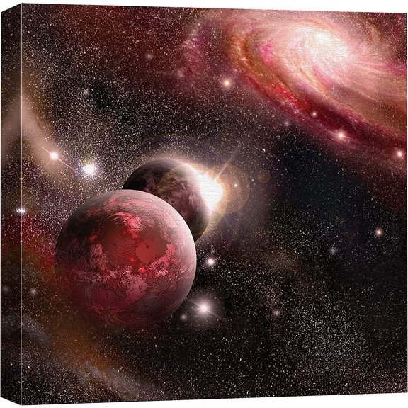 VELVET Canvas Print Wall Art Red Planets & Stars with Spiral Galaxy Astronomy & Space Sky Digital Art Modern Art Global Scenic Colorful Multicolor for Living Room, Bedroom, Office 24x16inch Framed