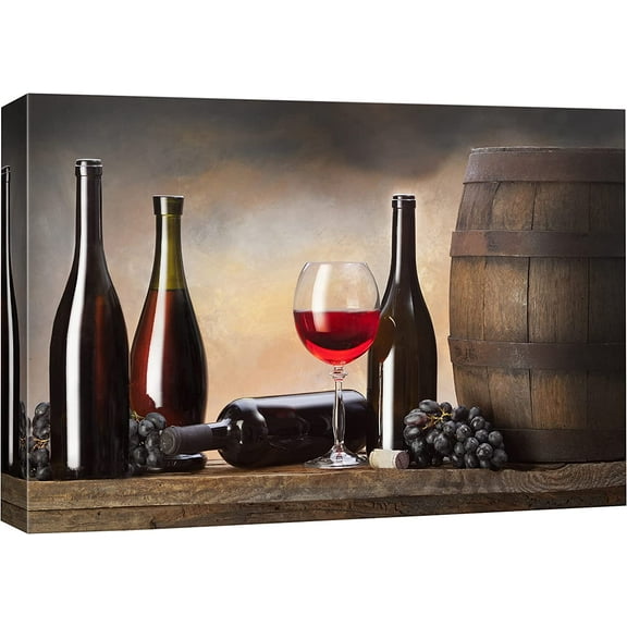 VELVET Canvas Print Wall Art Red Wine Bottles with Grapes & Barrel Drinks Cocktails Photography Modern Art Chic Scenic Multicolor Ultra for Living Room, Bedroom, Office - 24x16inch Framed