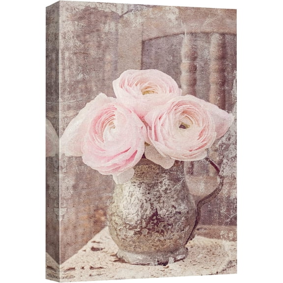 VELVET Canvas Print Wall Art Retro Vintage Faded Pink Roses Urn Floral Botanical Photography Realism Chic Scenic Cool for Living Room, Bedroom, Office - 11x14inch Framed