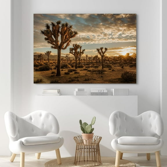 VELVET Canvas Print Wall Art Sunset Over Joshua Trees Photography Realism Decorative Landscape Relax/Calm for Living Room, Bedroom, Office - 24x16inch Framed
