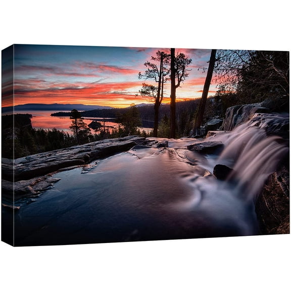 VELVET Canvas Print Wall Art Water Rushes Over Lake at Sunset Nature Wilderness Photography Modern Rustic Scenic Relax/Calm Multicolor Colorful for Living Room, Bedroom, Office 20x16inch Framed