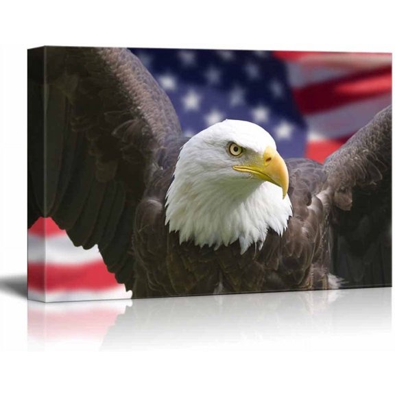 VELVET Canvas Prints Wall Art Bald Eagle with American Flag Patriotic Concept | Modern Wall Decor/Home Decoration Stretched Gallery Canvas Wrap Giclee Print & Ready to Hang 10x8inch Unframed