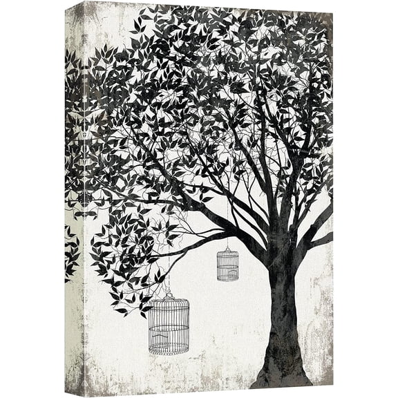 VELVET Canvas Prt Wall Art Black & White Tree on Rustic Background with Bird Cages Nature Plants Digital Art Modern Art Rustic Dramatic Dark Duotone for Livg Room, Bedroom, Office - 12x18inch Framed