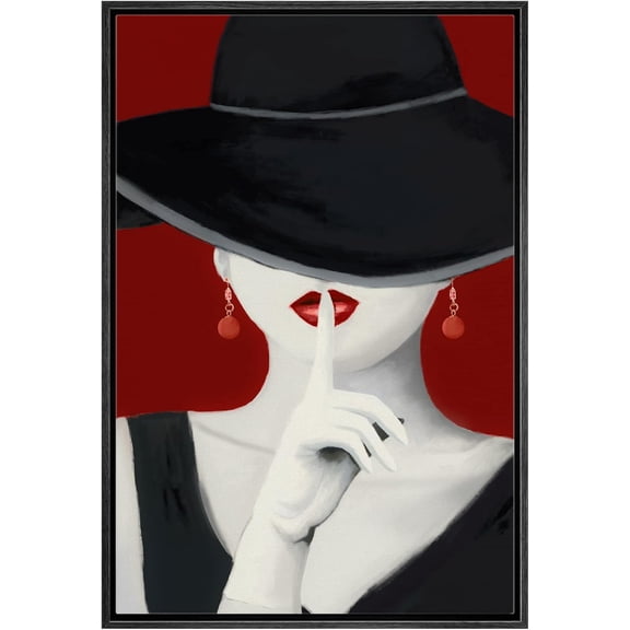 VELVET Canvas Prt Wall Art Elegant Woman with Red Lipstick & Earrgs People Fashion Illustrations Modern Art Glam Portrait Dramatic Ultra for Livg Room, Bedroom, Office - Black 12x16inch Framed
