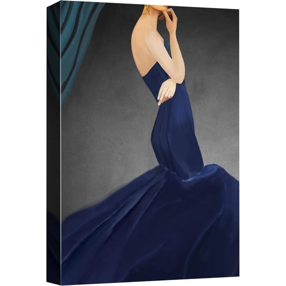 VELVET Canvas Prt Wall Art Stylish Woman with Blue Gown People Fashion Illustrations Modern Art Glam Portrait Dramatic Multicolor Ultra for Livg Room, Bedroom, Office - 11x14inch Framed