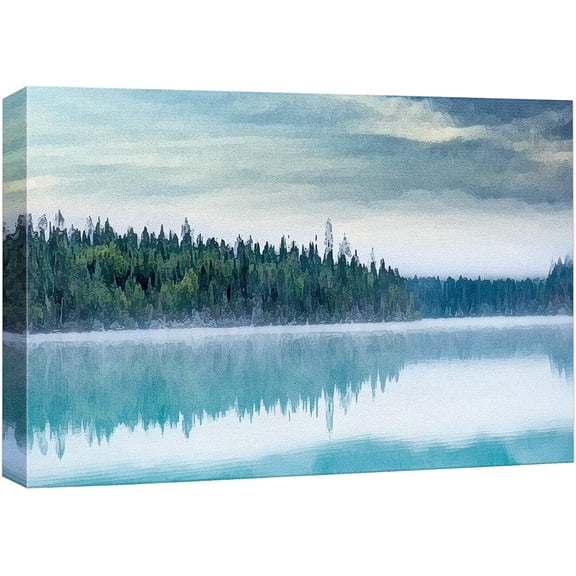 VELVET Canvas Prt Wall Art Watercolor Forest & Lake Reflection Landscape Nature Wilderness Illustrations Modern Art Rustic Scenic Dramatic Multicolor for Livg Room, Bedroom, Office - 16x12inch Framed