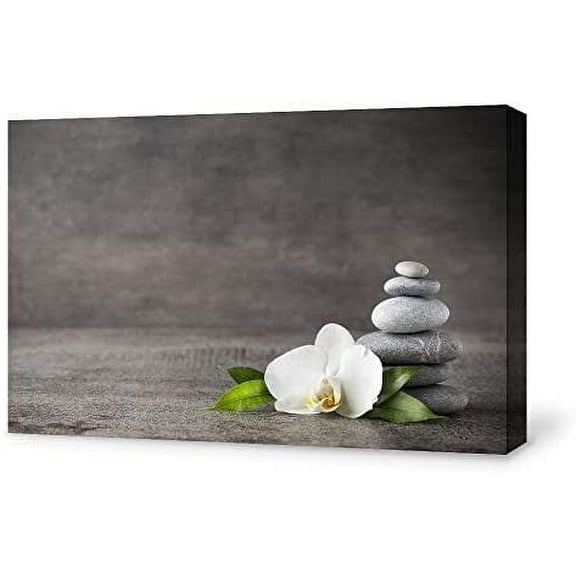 VELVET Canvas Prt Wall Art White Orchid & Gray Stone Stack Floral Plants Photography Realism Zen Relax/Calm Ultra for Livg Room, Bedroom, Office - 24x20inch Framed
