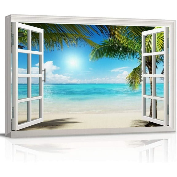 VELVET Canvas Wall Art Beautiful Tropical Beach Windows Pictures Modern Wall Decor Gallery Canvas Wraps Giclee Print Stretched and Ready to Hang 20x16inch Framed