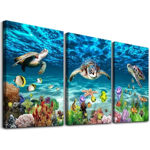 VELVET Canvas Wall Art for Living Room Large Wall decor for Bedroom Modern Wall Decoration blue Ocean Wall Painting Sea Turtle Wall Pictures Ready to Hang Office Artwork 3 Piece 16x20inch Framed