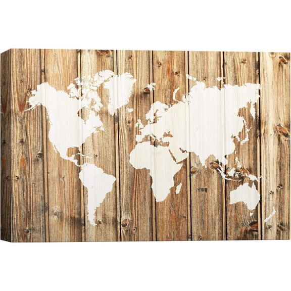 VELVET Canvas Wall Art A White World Atlas on Brown Vertical Wood Panels Architecture & Maps Country Digital Art Modern Art Farmhouse/Country Urban for Living Room, Bedroom, Office - 18x12inch Framed