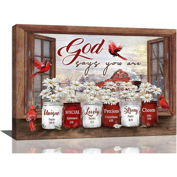 VELVET Cardinal Decor Wall Art Rustic Daisy Mason Jar Red Cardinal Pictures Wall Decor Country Window God Says You Are Canvas Prints Artwork Home Decorations For Bathroom Bedroom 24x16inch Framed