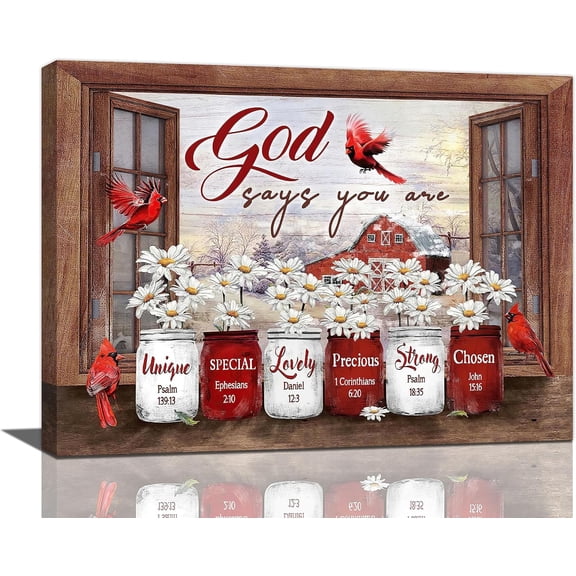 VELVET Cardinal Decor Wall Art Rustic Daisy Winter Christmas Red Cardinal Pictures Wall Decor Country Window God Says You Are Canvas Prints Artwork Home Decorations For Bathroom 14x11inch Framed