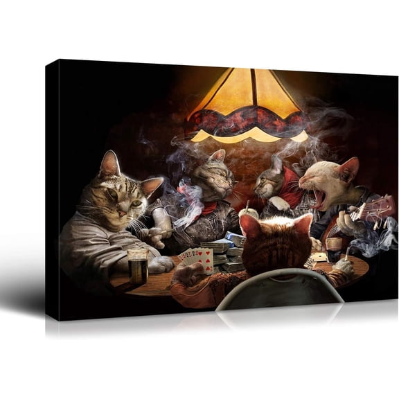 VELVET Cats Playing Poker Canvas Wall Art | Trippy Memorabilia Gifts for Guys & Entertainment Room | Funny Parody Art Modern Wall Decor for Home Bathroom Bedroom Ready to Hang 10x8inch Unframed