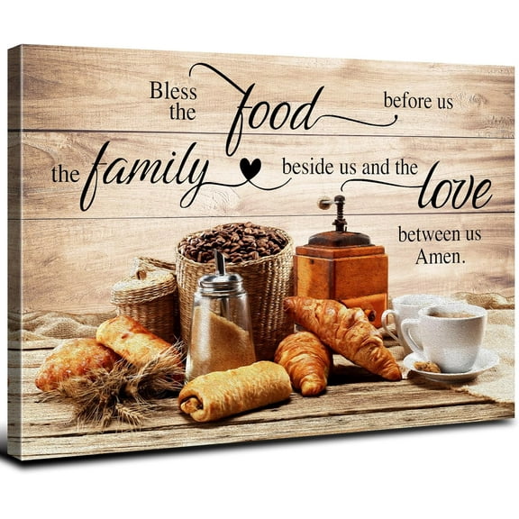 VELVET Christian Wall Art Farmhouse Dining Room Pictures Bless The Food Before Us Wall Decor Vintage Coffee Bread Canvas Prints Painting Bless This Family Signs Kitchen Decoration 10x8inch Framed