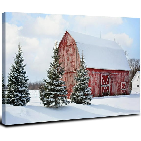 VELVET Christmas Canvas Wall Art Rustic Farmhouse Red Old Barn Landscape Pictures Wall Decor Snowy Wilderness Christmas Tree Posters Artwork for Home Living Room Aesthetic Decoration 10x8inch Framed