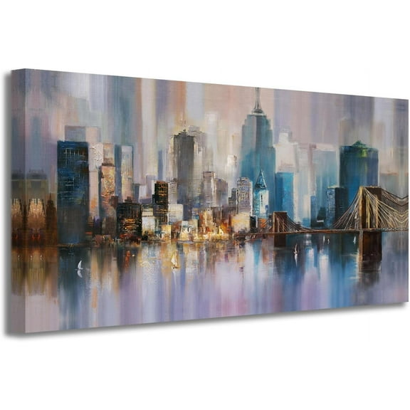 VELVET Cityscape Canvas Wall Art Abstract Skyline New York City Painting Prints, Modern Grey Brooklyn Bridge Colorful NYC Picture for Bedroom Living Room Home Office Wall Decor, Large 10x8inch Framed