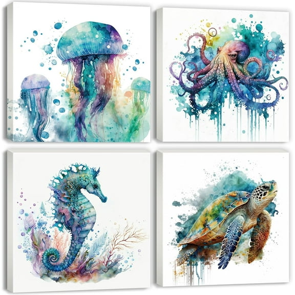 VELVET Coastal Beach Wall Art Decor Nautical Sea Turtle Octopus Seahorse Jellyfish Picture Nursery Toddler Colorful Ocean Animals Beach Themed Canvas Prints Office Decorations 4P 10x8inch Unframed