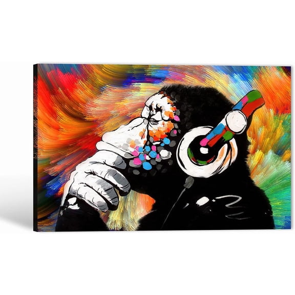 VELVET Colorful DJ Monkey Chimp Poster Pictures Street Art Canvas Graffiti, Modern Pop Wall Art for Living Room Decor 14x11inch Framed