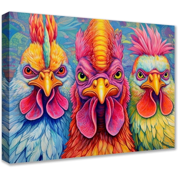 VELVET Colorful Hippy Roosters Decor Wall Art Chicken Poster Pictures for Bedroom Vintage Autumn Scenery Canvas Print Painting Funny Animals Wall Decor Artwork Ready to Hang 14x11inch Framed
