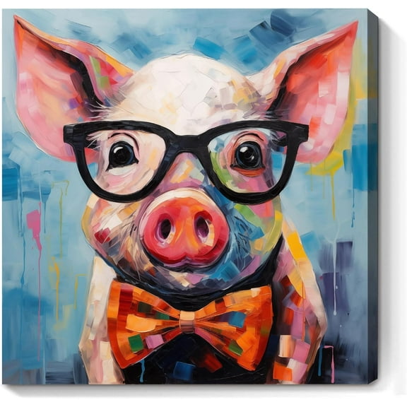 VELVET Colorful Pig Canvas Wall Art Animal With Glasses Pictures Pigs With Glasses Posters For Wall Funny Animals Canvas Farm Pig Painting Graffiti Animal Print Cute Pig Artwork Wall 24x20inch Framed