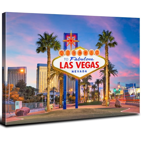 VELVET Colourful Las Vegas Wall Art Iconic City Welcome Sign Canvas Wall Decor Cityscape Pictures for Living Room Mens Poster Famous Twilight Night Paintings Modern Artwork Decoration 10x8inch Framed
