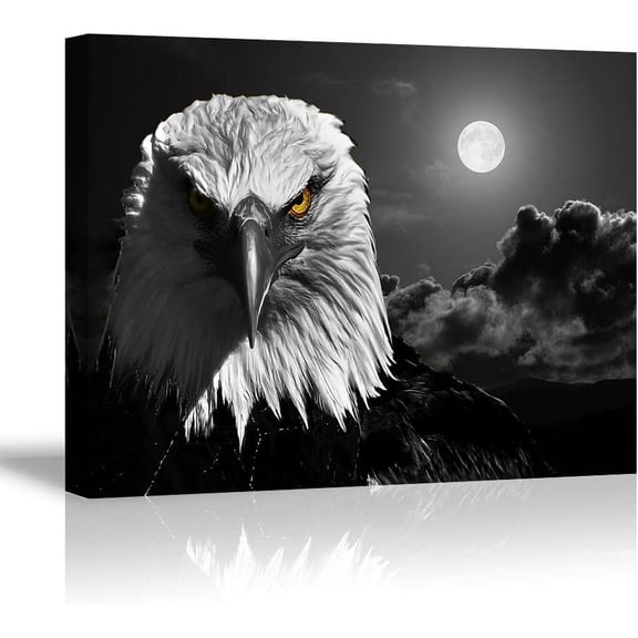 VELVET Cool Eagle Wall Art Decor for Fierce Bald Eagle under Moon Night Picture Awesome Black and White Canvas Prts Decor Artwork (1" Thick Waterproof Bracket Fixed Ready to Hang) 10x8inch Unframed