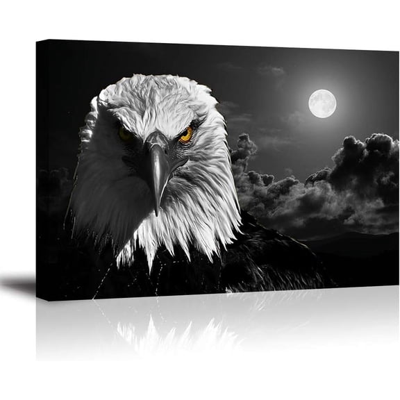 VELVET Cool Eagle Wall Art Decor for Livg Room Fierce Bald Eagle Under Moon Night Picture Awesome Black and White Canvas Prts Decor Artwork (Waterproof Bracket Fixed Ready to Large) 10x8inch Unframed