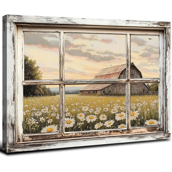 VELVET Country Daisy Wall Art Window View Old Barn Picture Wall Decor for Girls Room Living Room Field White Floral Artwork Farmhouse Nature Flowers Canvas Print Kitchen Decorations 18x12inch Framed