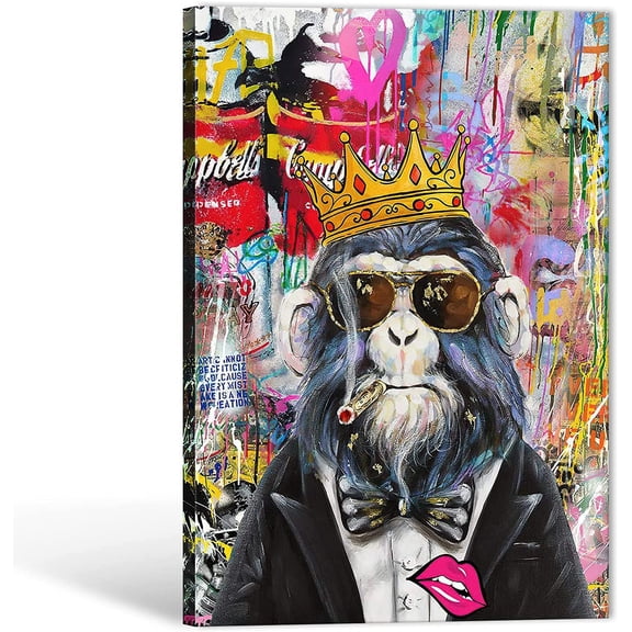 VELVET Crown Monkey Colorful Funky Wall Art, Chimp Smoking Graffiti Art Canvas, Pop Artwork for Living Room Decor 20x24inch Framed