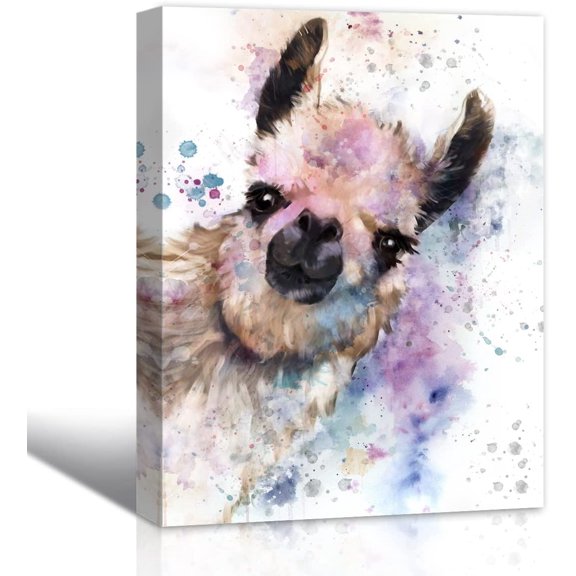VELVET Cute Alpaca Portrait Wall Art Canvas Prints, Watercolor Animals Splatter and Splotches Paintings, Modern Colorful Artwork for Living room Kids Room Home, and Easy to hang 11x14inch Framed