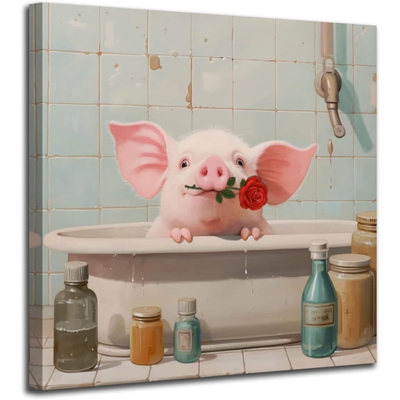 VELVET Cute Animal Canvas Wall Art Pig Pink with Red Rose Painting Woodgrain Picture Modern for Bathroom Living Room Bedroom Nursery Room Dinning Room Kitchen Wall Decor, One Panel 12x18inch Framed