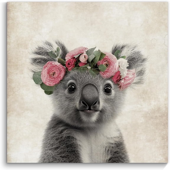 VELVET Cute Koala Canvas Wall Decor Safari Animal Pictures Wall Painting Funny Koala with Wreath Poster Rustic Nursery Artwork for Home Décor Bathroom Kid's Room Wall Decoration 18x12inch Framed