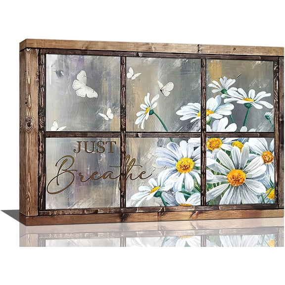 VELVET Daisy Wall Decor Rustic Flower Art Farmhouse Window Daisies Pictures Bathroom Country Butterfly Canvas Prints Just Breath Artwork Home Office Decoration For Kitchen Living Room 10x8inch Framed