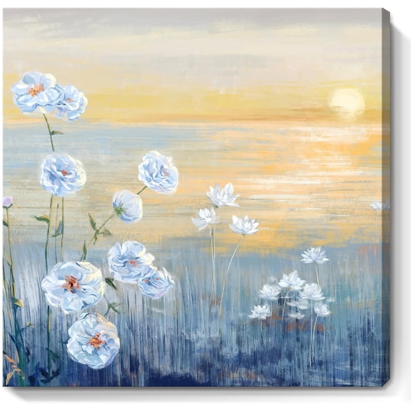VELVET Decor Wall Art Blue Ocean Sunset Seascape Painting Seaside Wildflowers Picture Abstract Coastal Canvas Print Natural Scenery Sunrise With Yellow Orange Sky Landscape Artwork 12x18inch Framed
