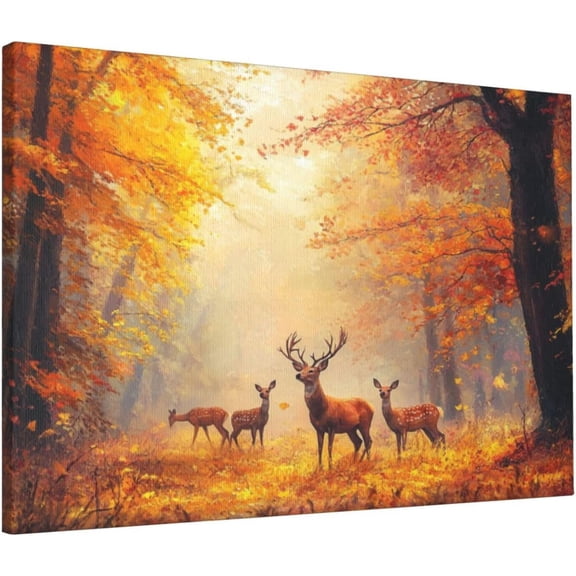 VELVET Deer Wall Art, Autumn Forest Pictures Wall Decor, Wildlife Painting, Fall Landscape Canvas Prints, Artwork for Bathroom Bedroom Living Room Office Home Decoration 18x12inch Framed