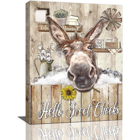 VELVET Donkey Wall Art Rustic Donkey Bathroom Decor Farmhouse Pictures Wall Decor Funny Farm Animal Painting Country Sunflower Artwork for Bathroom 8x10inch Framed