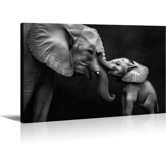 VELVET Elephant with Cub Canvas Art Livg Room Wall Decor Black and White Picture African Animals Patg Prts for Nursery Kids Bedroom Ready to Hang - 14x11inch Framed