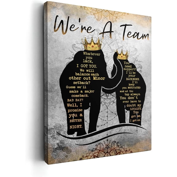 VELVET Elephants Picture Wall Decor The Elephant King and Queen with Crown Wall Artspirational Quotes Canvas Print Painting Wall Décor for Bathroom Bedroom Office Artwork 20x24inch Framed