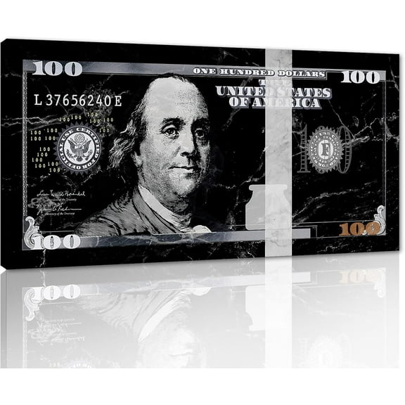 VELVET Extra Large Benjam Frankl 100 Dollar Wall Art for Large Home Wall Decorations spirational Gifts for Men Black and White 100 USD Money Artwork Gallery Wrapped Easy to Hang- 18x12inch Framed