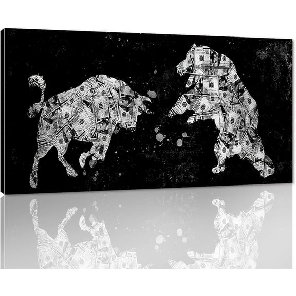 VELVET Extra Large Money Canvas Art Creative Bull vs Bear Money Canvas Artwork Black and White spirational Abstract Money Bull vs Bear Artwork for Gym Coffee Shop Decor Easy to Hang- 24x20inch Framed
