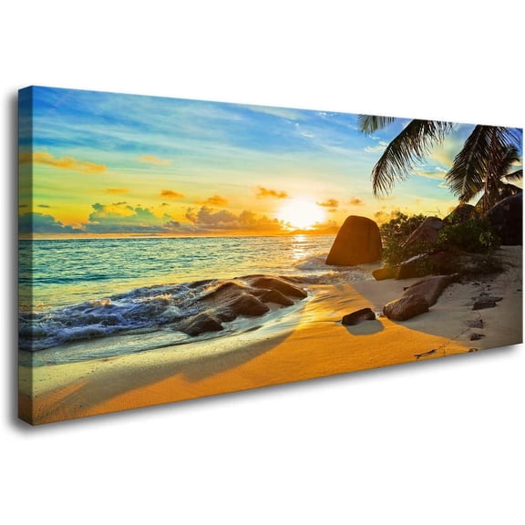 VELVET FC1375 Canvas Wall Art Tropical Beach At Sunset Seascape Picture Paintings Artwork Prints Ready to Hang for Home Office Bedroom Living Room Bathroom Kitchen Wall Decor 10x8inch Framed